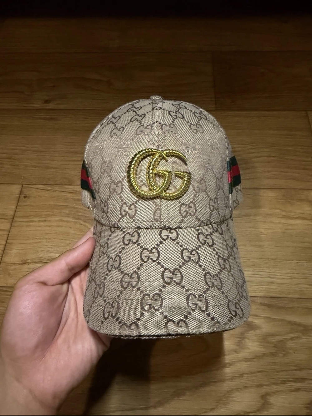 Gucci Beige GG Monogram Cap with Gold Double G and Red-Green Web